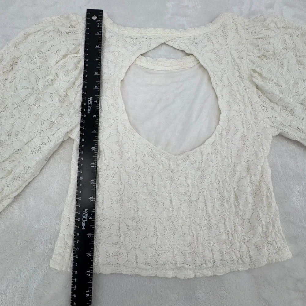 Free People Boho Floral Cream Lace Open Back Puff Sleeve Top Woman's Size Small